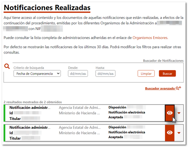 Disposicion de la página notificaciones realizadas