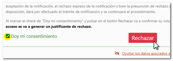 Check en "Doy mi consentimiento" y puntero en Rechazar